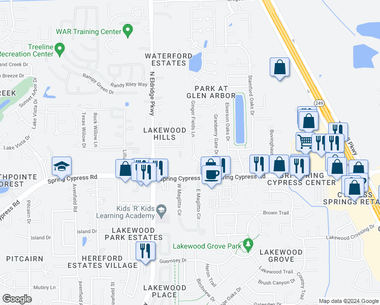 map of restaurants, bars, coffee shops, grocery stores, and more near 17219 Ginger Fields Lane in Tomball