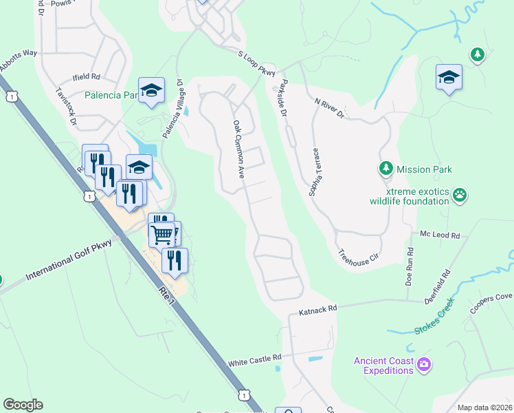 map of restaurants, bars, coffee shops, grocery stores, and more near 808 Riley Lane in St. Augustine