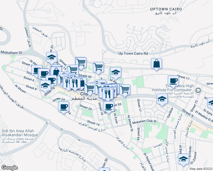 map of restaurants, bars, coffee shops, grocery stores, and more near in El Mokattam