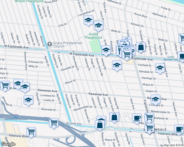 map of restaurants, bars, coffee shops, grocery stores, and more near 4116 Page Drive in Metairie