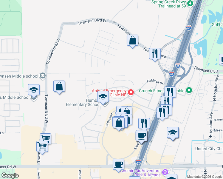 map of restaurants, bars, coffee shops, grocery stores, and more near 20506 Keats Court in Humble