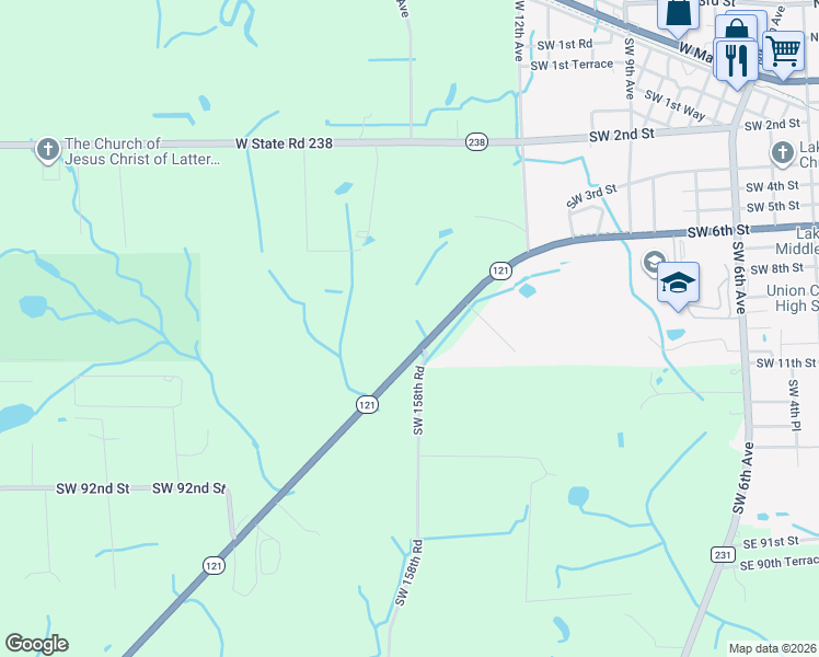 map of restaurants, bars, coffee shops, grocery stores, and more near 9561 Florida 121 in Lake Butler