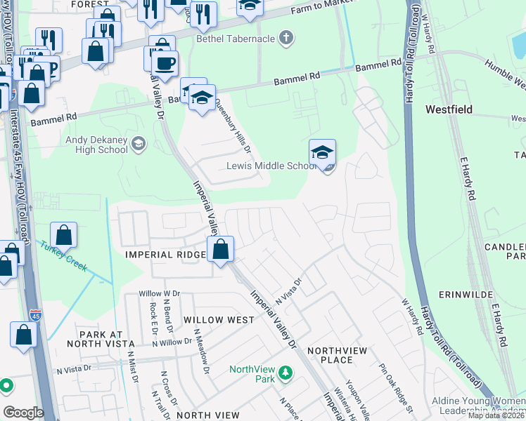 map of restaurants, bars, coffee shops, grocery stores, and more near 22207 Queenbury Hills Dr in Houston