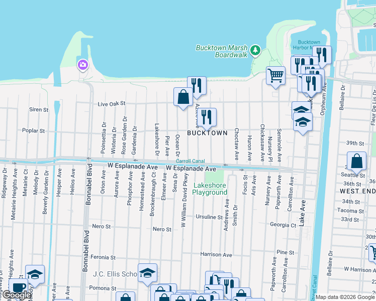 map of restaurants, bars, coffee shops, grocery stores, and more near 1337 Sylvia Avenue in Metairie
