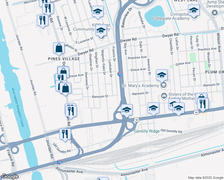 map of restaurants, bars, coffee shops, grocery stores, and more near 4552 Lynhuber Drive in New Orleans