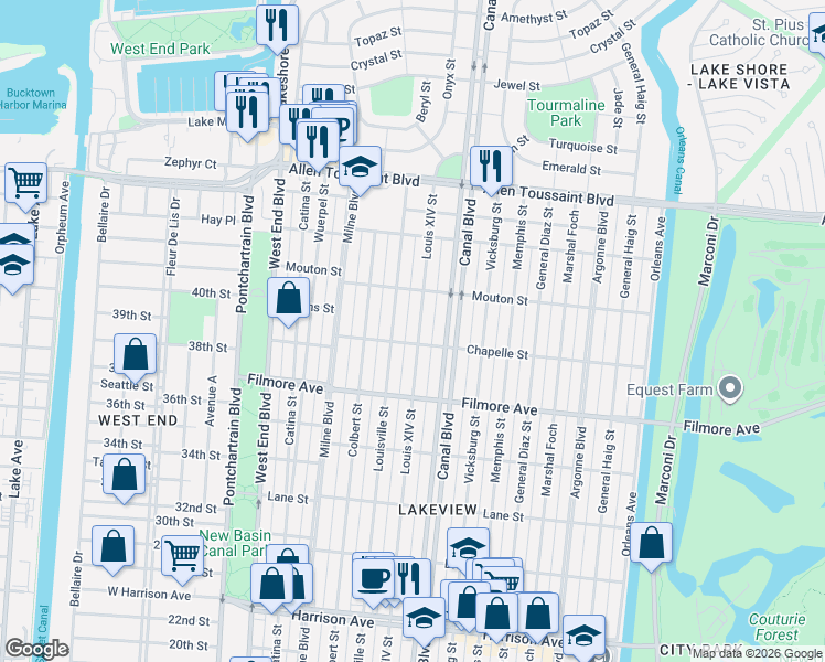 map of restaurants, bars, coffee shops, grocery stores, and more near 6839 Louis XIV Street in New Orleans