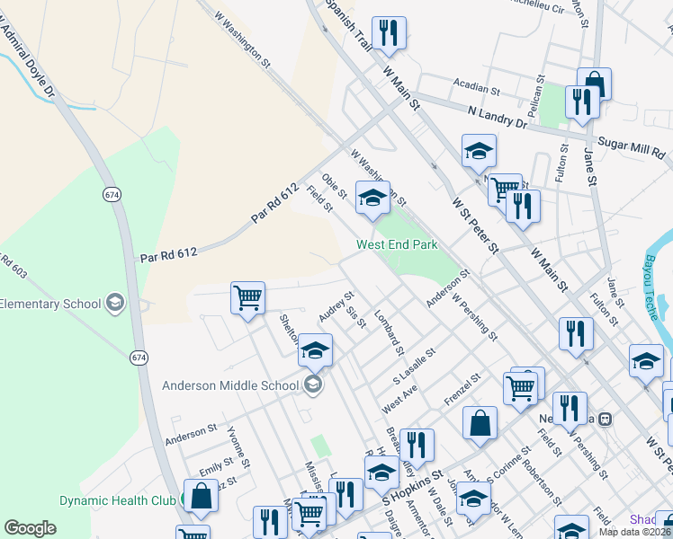 map of restaurants, bars, coffee shops, grocery stores, and more near 276-298 Gilbert Drive in New Iberia