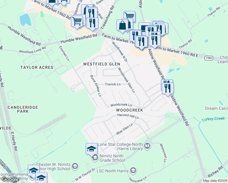 map of restaurants, bars, coffee shops, grocery stores, and more near 20834 Auguswood Lane in Houston