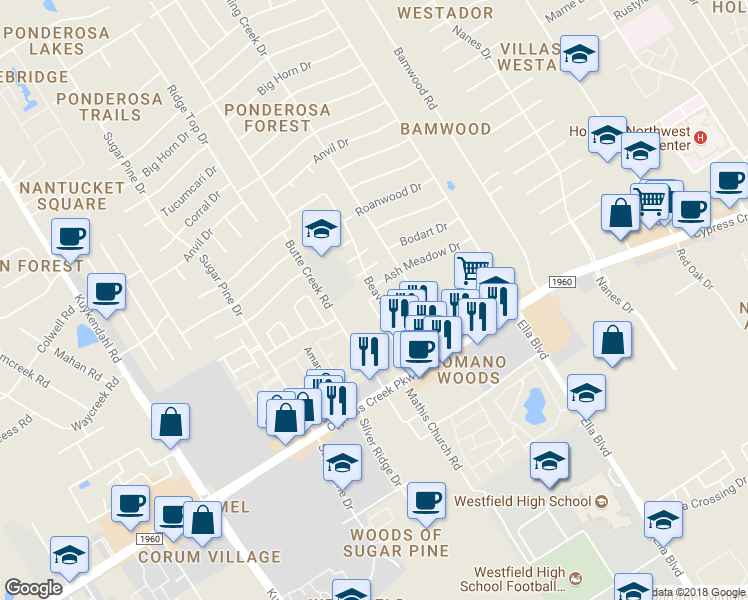 map of restaurants, bars, coffee shops, grocery stores, and more near 17175 Beaver Springs Drive in Houston