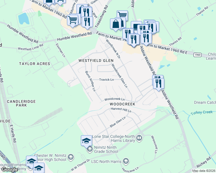 map of restaurants, bars, coffee shops, grocery stores, and more near 20834 Auguswood Lane in Houston