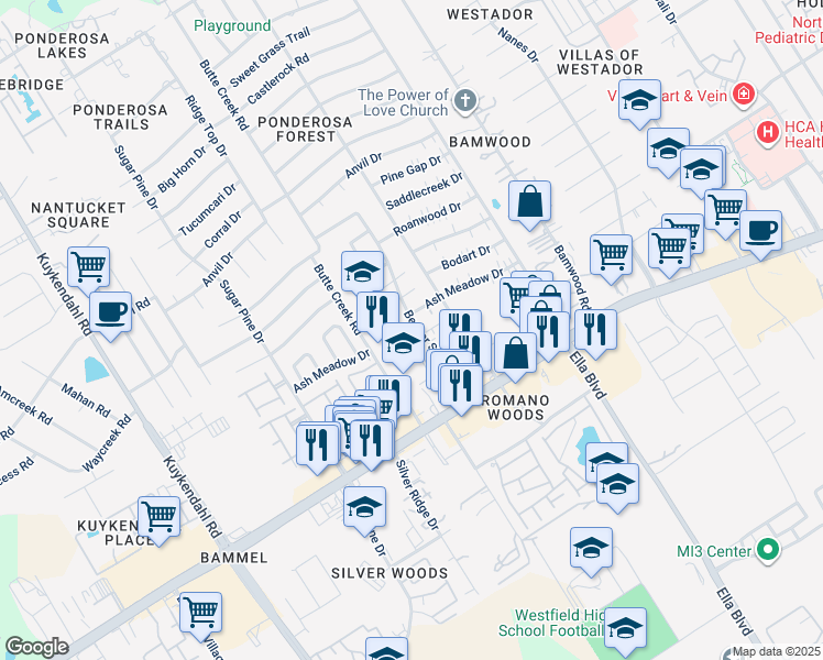map of restaurants, bars, coffee shops, grocery stores, and more near 17175 Beaver Springs Drive in Houston