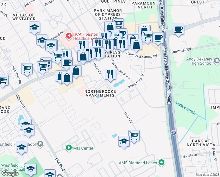 map of restaurants, bars, coffee shops, grocery stores, and more near 17227 Hafer Road in Houston
