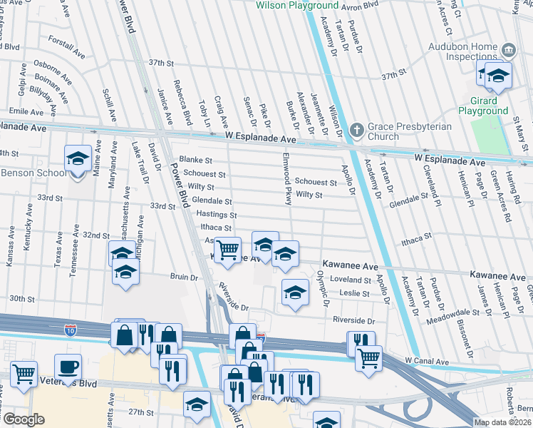 map of restaurants, bars, coffee shops, grocery stores, and more near 6804 Glendale Street in Metairie
