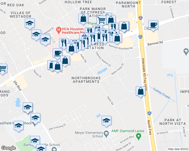 map of restaurants, bars, coffee shops, grocery stores, and more near 17317 Hafer Road in Houston