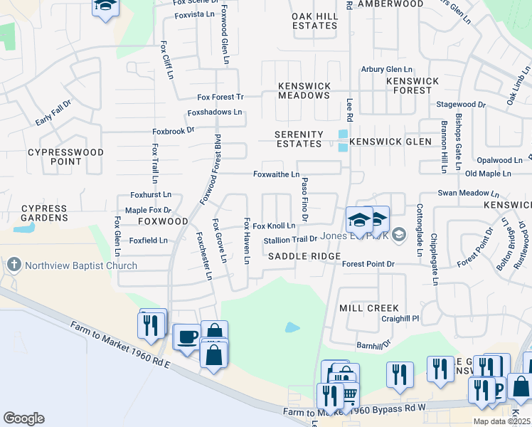 map of restaurants, bars, coffee shops, grocery stores, and more near 20407 Friesian Trail in Humble