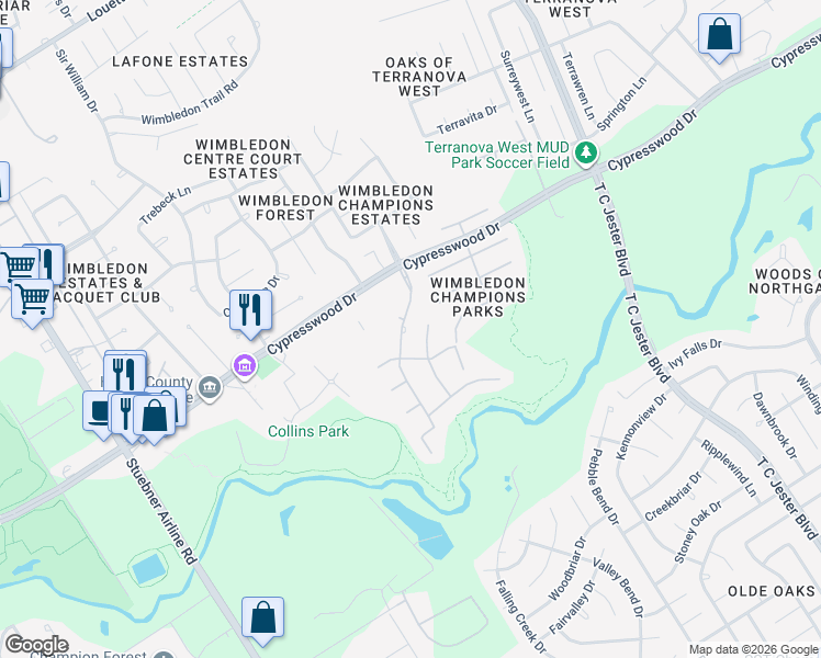 map of restaurants, bars, coffee shops, grocery stores, and more near 15830 Conners Ace Drive in Spring