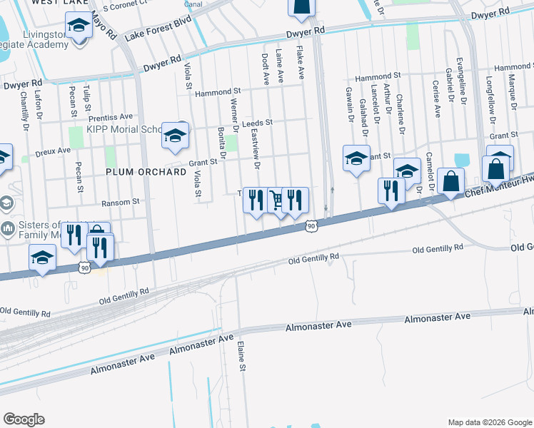 map of restaurants, bars, coffee shops, grocery stores, and more near 4333 Dodt Avenue in New Orleans