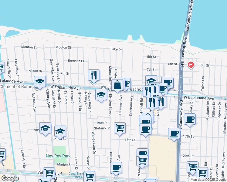 map of restaurants, bars, coffee shops, grocery stores, and more near in Metairie