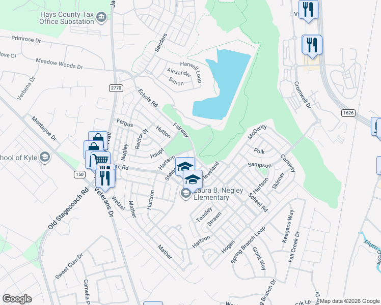 map of restaurants, bars, coffee shops, grocery stores, and more near 6126 Hartson in Kyle