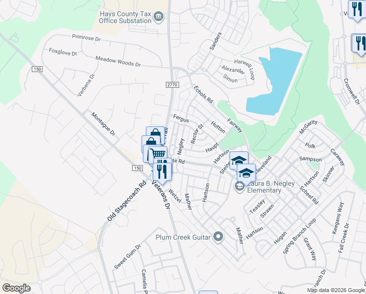 map of restaurants, bars, coffee shops, grocery stores, and more near 223 Haupt in Kyle