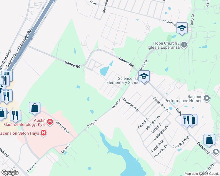 map of restaurants, bars, coffee shops, grocery stores, and more near 76 White Bluff Drive in Kyle