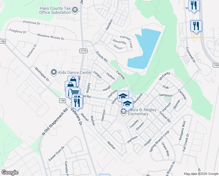 map of restaurants, bars, coffee shops, grocery stores, and more near 5948 Fergus in Kyle