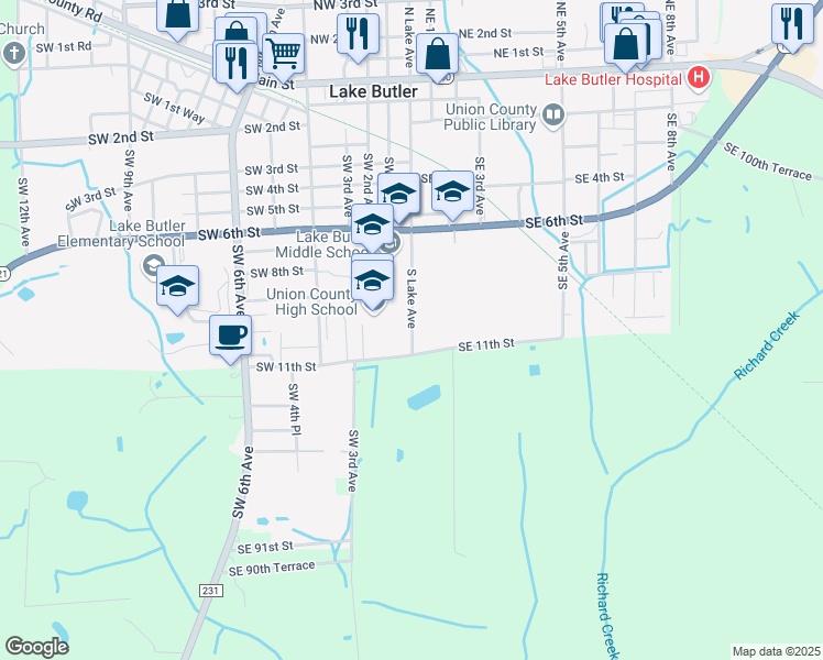 map of restaurants, bars, coffee shops, grocery stores, and more near 1000 South Lake Avenue in Lake Butler