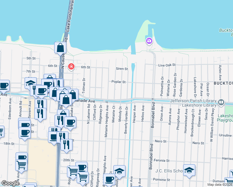 map of restaurants, bars, coffee shops, grocery stores, and more near 3701 Metairie Court in Metairie