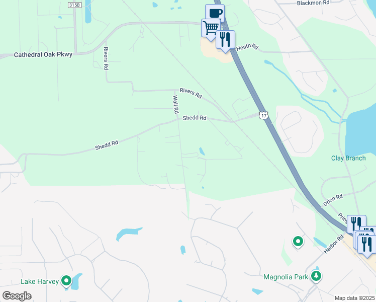 map of restaurants, bars, coffee shops, grocery stores, and more near 3381 Wall Road in Green Cove Springs