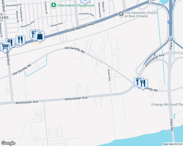 map of restaurants, bars, coffee shops, grocery stores, and more near 53672 Grand Avenue in New Orleans