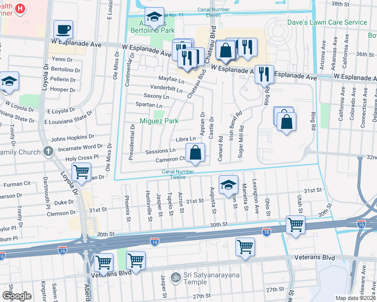map of restaurants, bars, coffee shops, grocery stores, and more near 824 Sessions Lane in Kenner