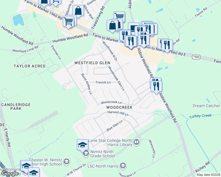 map of restaurants, bars, coffee shops, grocery stores, and more near 3222 Birch Park Lane in Houston