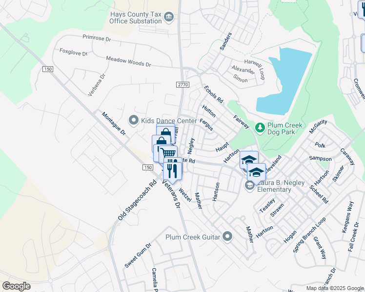 map of restaurants, bars, coffee shops, grocery stores, and more near 165a Michaelis Road in Kyle