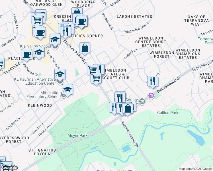 map of restaurants, bars, coffee shops, grocery stores, and more near 16222 Stuebner Airline Road in Spring