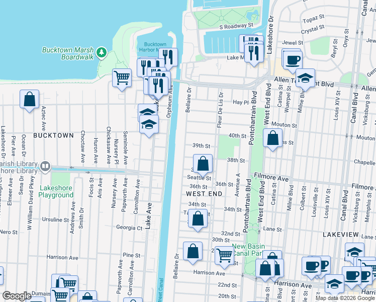 map of restaurants, bars, coffee shops, grocery stores, and more near 426 39th Street in New Orleans