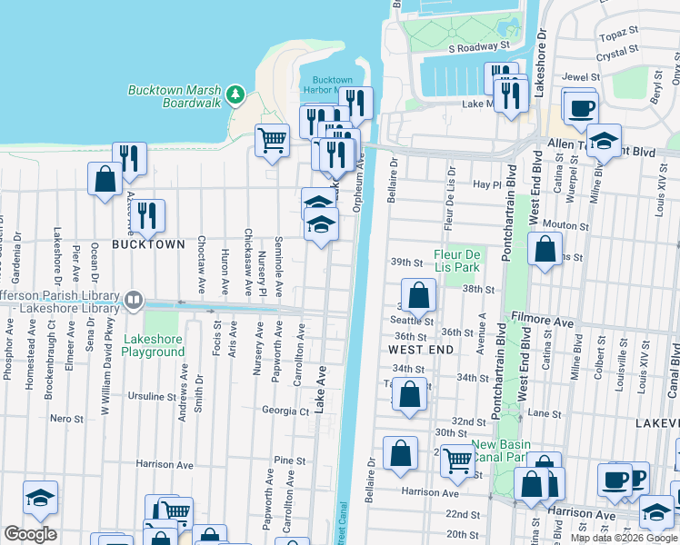 map of restaurants, bars, coffee shops, grocery stores, and more near 1541 Lake Avenue in Metairie