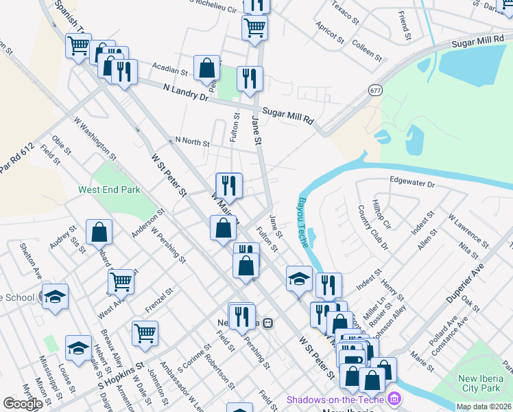 map of restaurants, bars, coffee shops, grocery stores, and more near 803 Jane Street in New Iberia