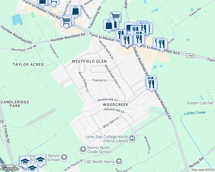 map of restaurants, bars, coffee shops, grocery stores, and more near 3222 Birch Park Lane in Houston