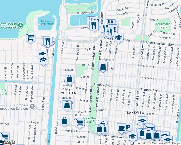 map of restaurants, bars, coffee shops, grocery stores, and more near 6740 Pontchartrain Boulevard in New Orleans