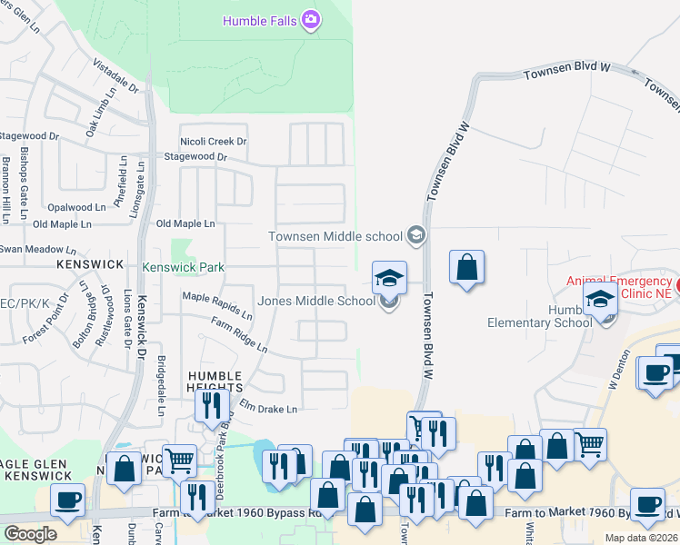 map of restaurants, bars, coffee shops, grocery stores, and more near 9027 River Dale Canyon Lane in Humble