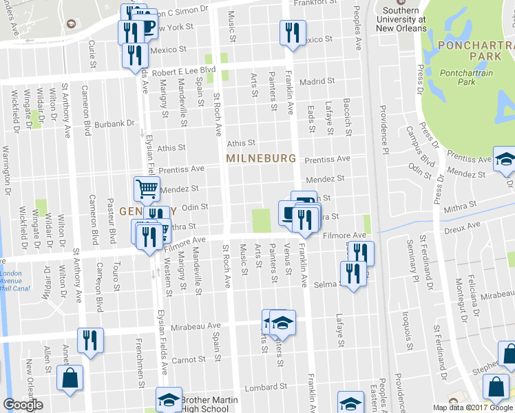 map of restaurants, bars, coffee shops, grocery stores, and more near 2468 Odin Street in New Orleans