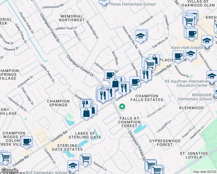 map of restaurants, bars, coffee shops, grocery stores, and more near 8210 Twining Oaks Lane in Spring