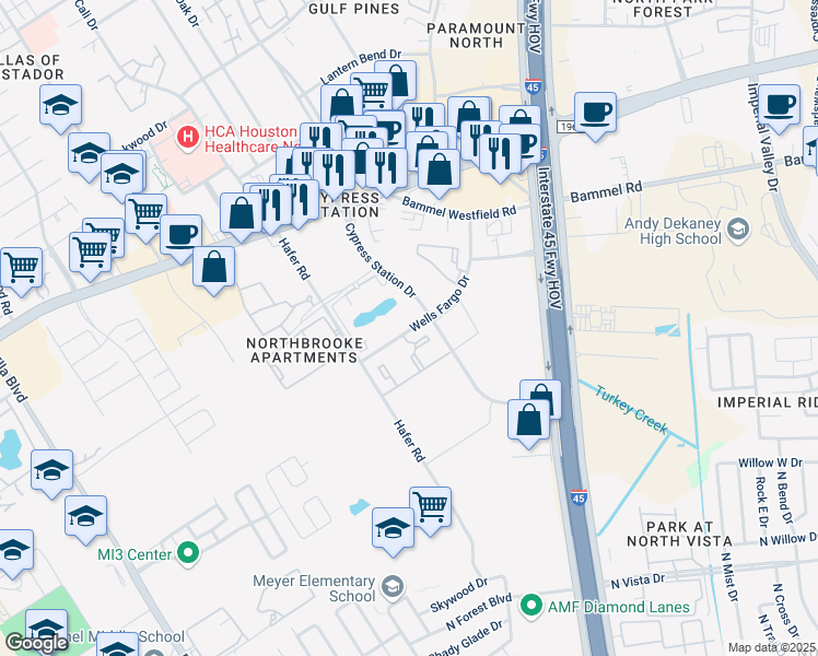 map of restaurants, bars, coffee shops, grocery stores, and more near 505 Wells Fargo Drive in Houston