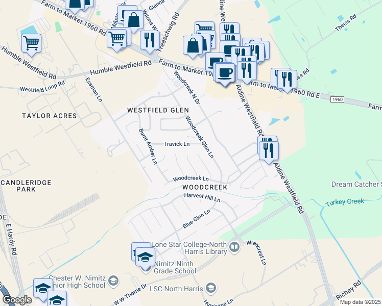 map of restaurants, bars, coffee shops, grocery stores, and more near 3222 Birch Park Lane in Houston
