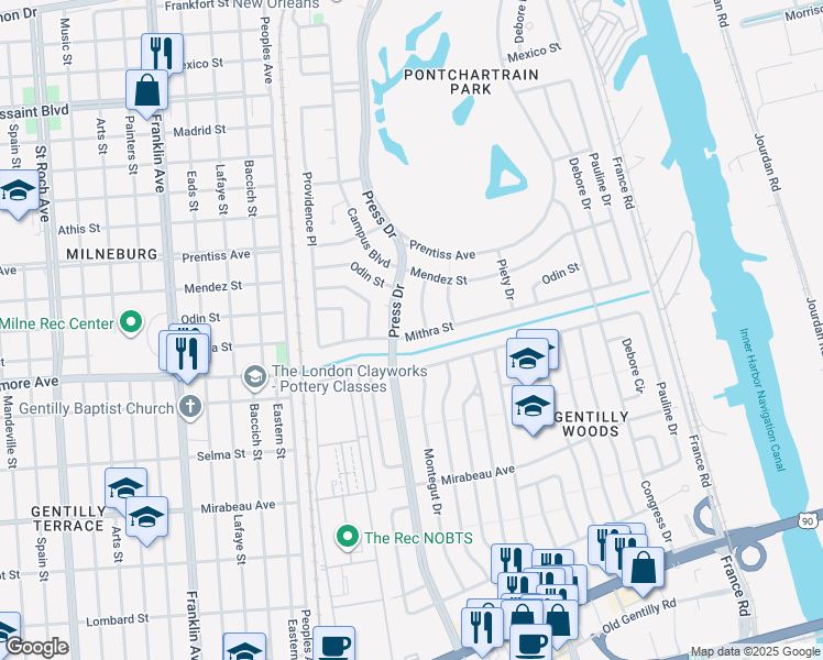 map of restaurants, bars, coffee shops, grocery stores, and more near 4225 Mithra Street in New Orleans