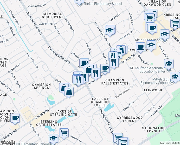 map of restaurants, bars, coffee shops, grocery stores, and more near 16902 Summit Oaks Lane in Spring