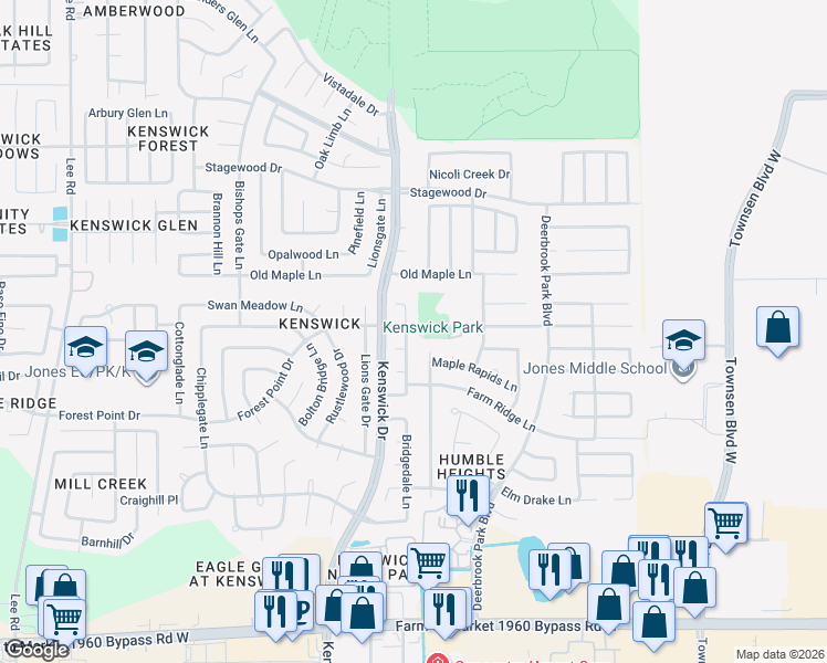 map of restaurants, bars, coffee shops, grocery stores, and more near 20226 Bridgedale Lane in Humble