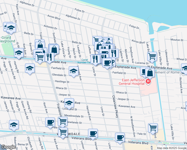 map of restaurants, bars, coffee shops, grocery stores, and more near 4212 Lime Street in Metairie