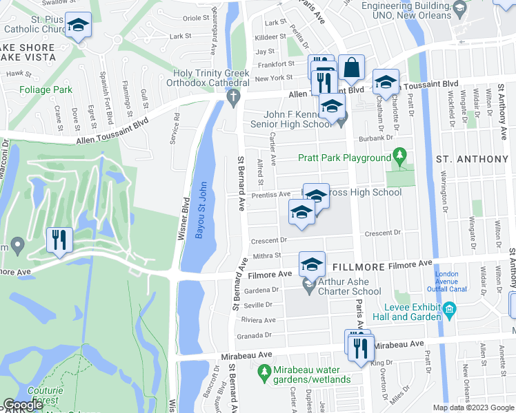 map of restaurants, bars, coffee shops, grocery stores, and more near 1325 Mendez Street in New Orleans
