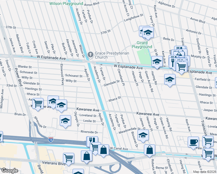map of restaurants, bars, coffee shops, grocery stores, and more near 4112 Purdue Drive in Metairie
